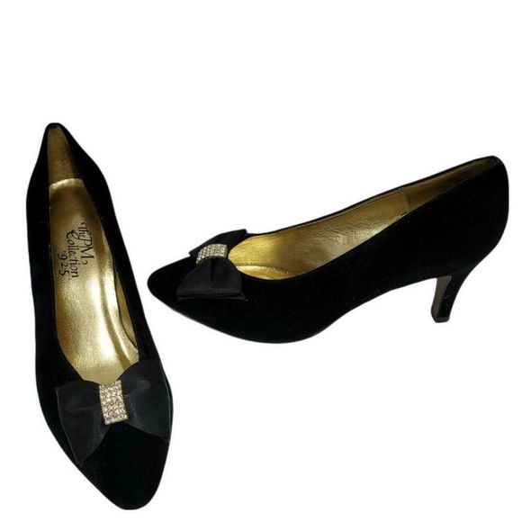 Vintage PM Collection 9.2.5 Womens 7.5M Black Velvet Bow Rhinestones Pumps Heels - Picture 1 of 9